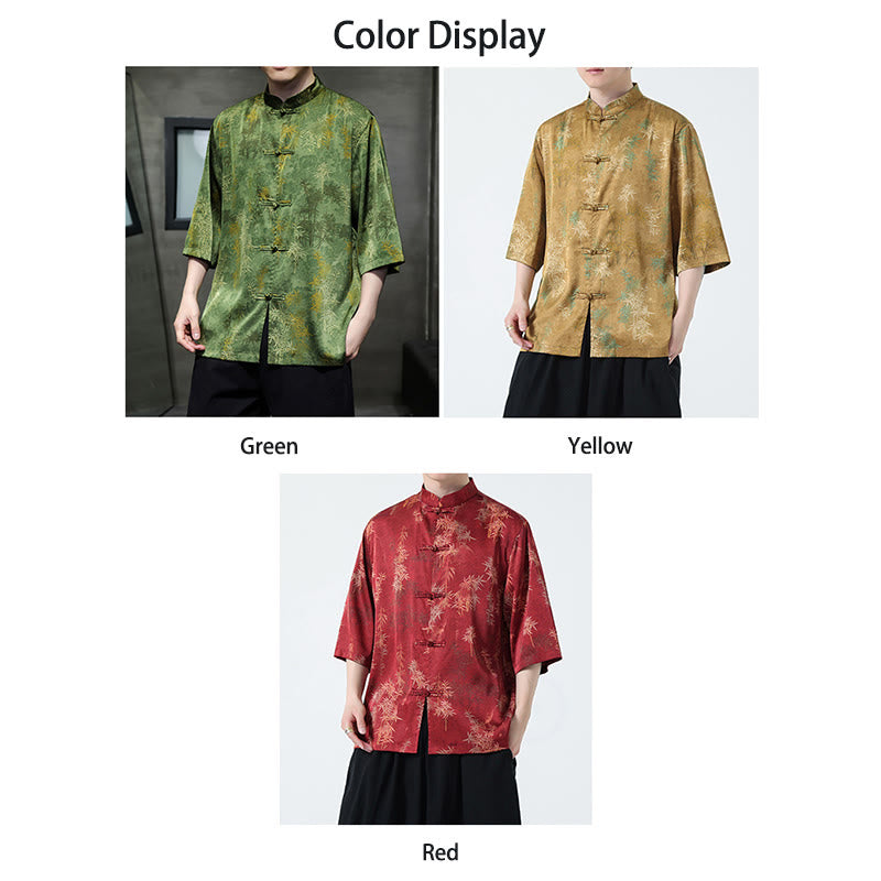 Bamboo Leaves Pattern Chinese Half Sleeve Shirt Men T-shirt