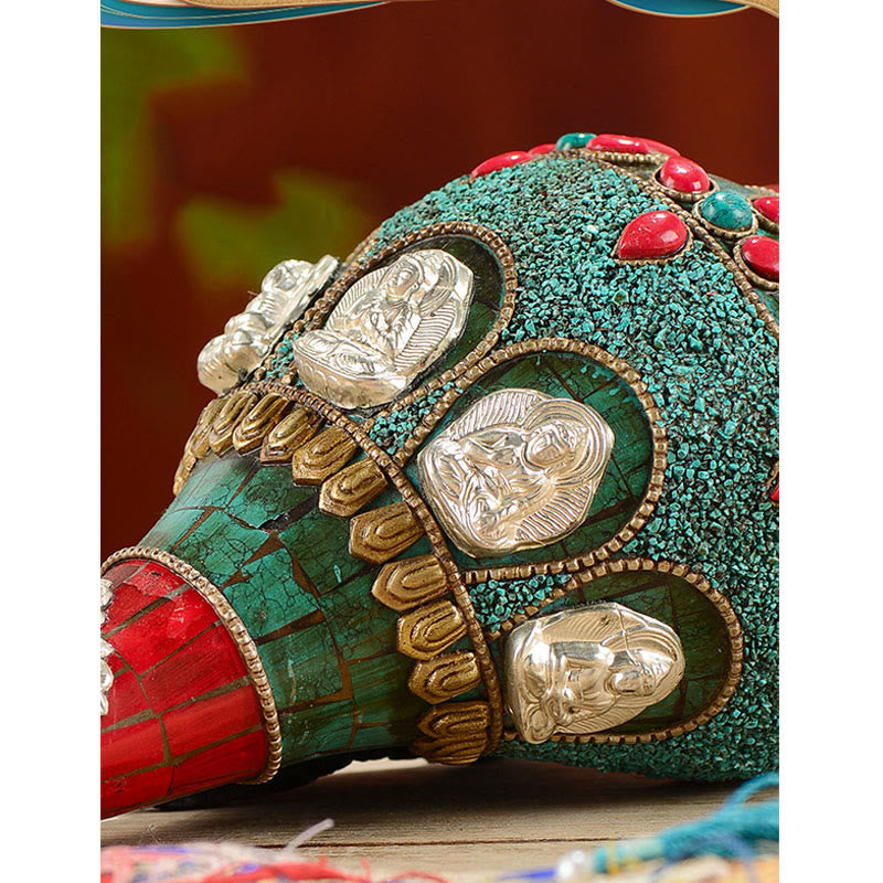 Tibetan Handmade Shankha Om Mani Padme Hum mystic zen Avalokitesvara Turquoise Conch Shell Positive Decoration