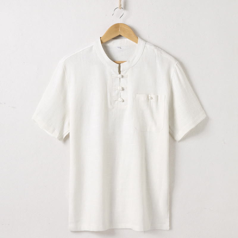 Loose Men's Shirt Solid Color Notched Neck Top Short Sleeve Comfy Button Breathable Cotton Linen Shirt