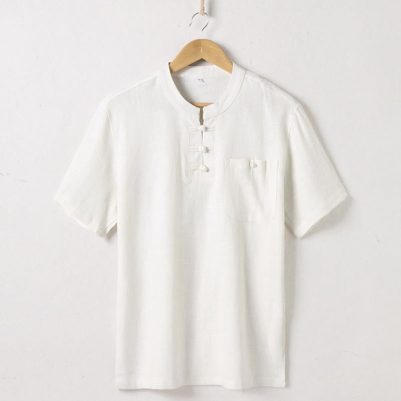 Loose Men's Shirt Solid Color Notched Neck Top Short Sleeve Comfy Button Breathable Cotton Linen Shirt