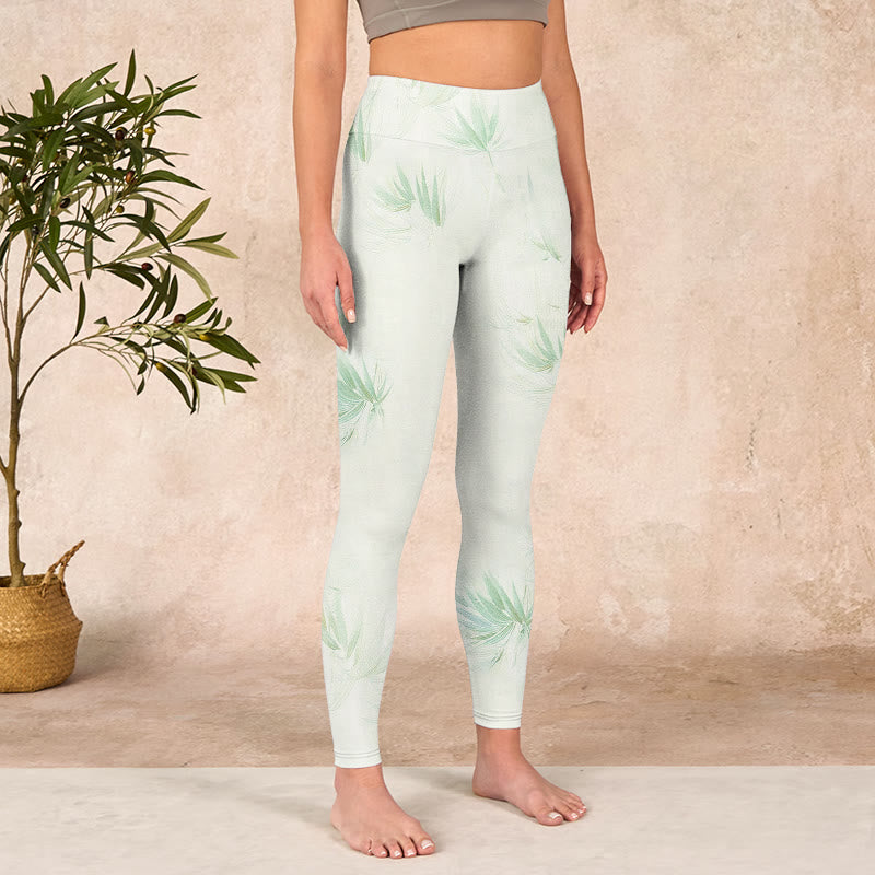 Green Bamboo Leaves Print Sports Leggings Women's Yoga Pants