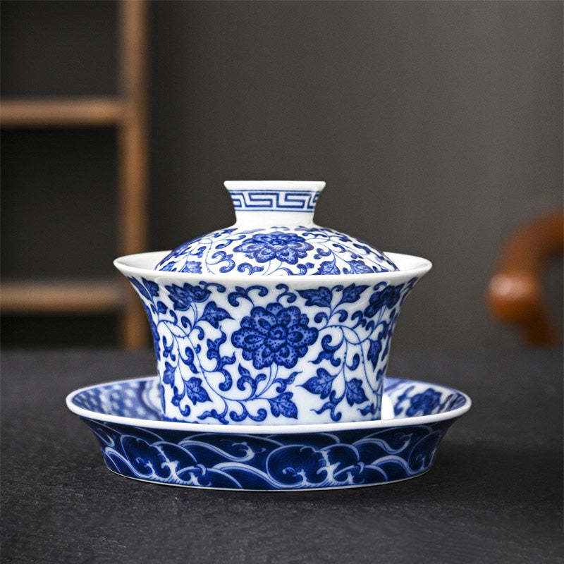 Jingdezhen Dragon Phoenix Pavilion Pine Flower Ceramic Gaiwan Sancai Teacup Kung Fu Tea Cup And Saucer With Lid 170ml