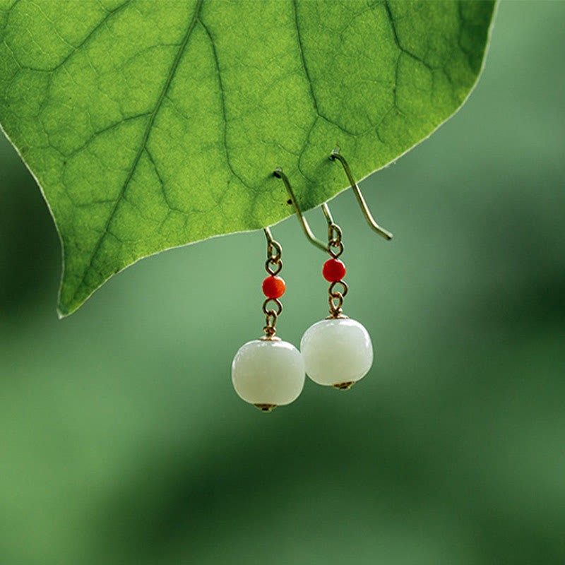 925 Sterling Silver 14K Gold Plated Hetian Jade Red Agate Luck Drop Dangle Earrings
