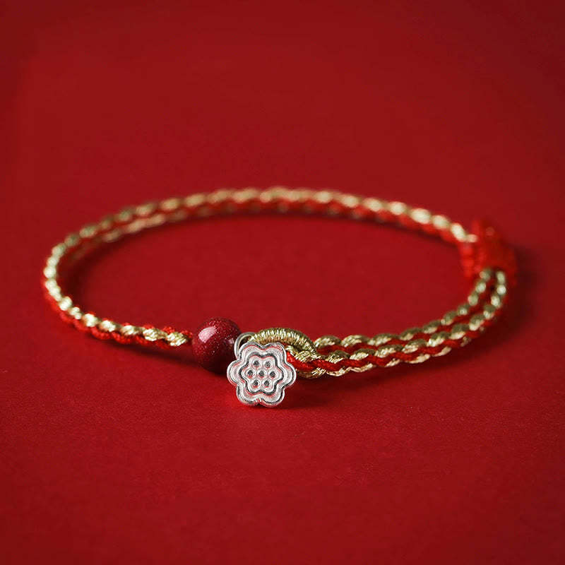 Handmade 925 Sterling Silver Lotus Cinnabar Gold Bead Blessing Braid Bracelet