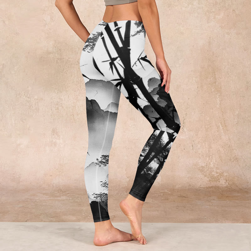 Ink Painting Bamboo Pine Mountain Scenery Print Gym Leggings Women's Yoga Pants
