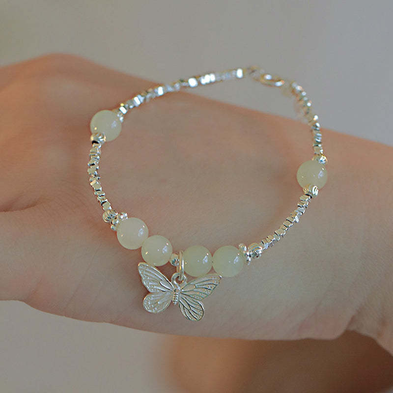 925 Sterling Silver Natural Hetian Jade Luck Butterfly Charm Bracelet