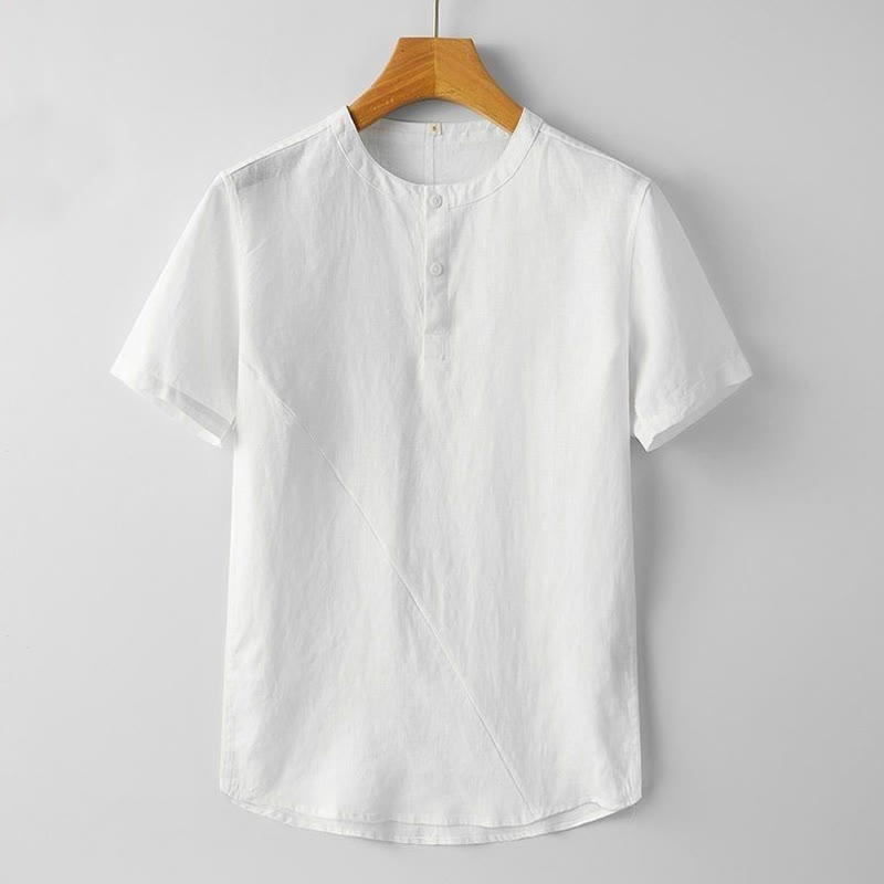 Summer Men's Solid Color Button Short Sleeve Linen Shirt
