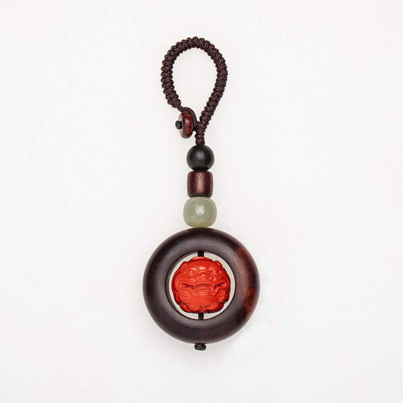 Tibet Om Mani Padme Hum PiXiu Copper Coin Small Leaf Red Sandalwood Cinnabar Protection Key Chain