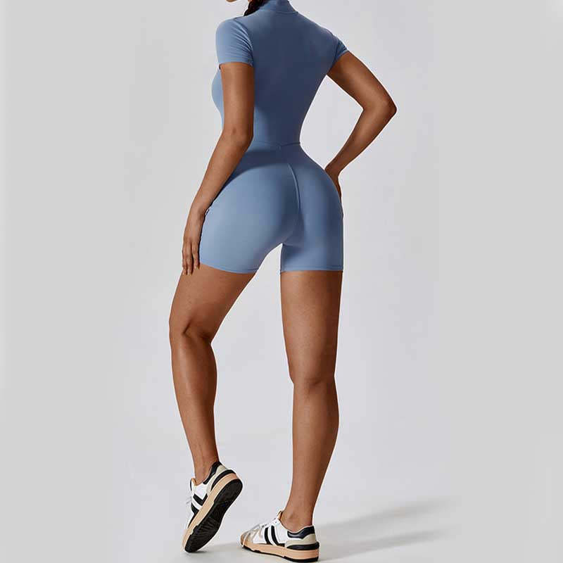 High Stretch Zipper Short Sleeve Jumpsuit Sports Fitness Yoga Women Bodysuit