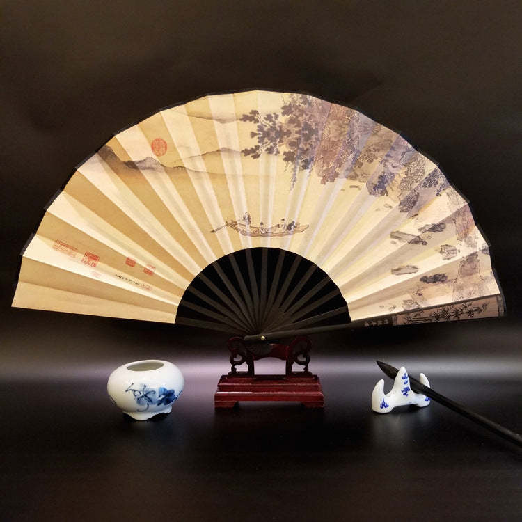 Great Wall Mountains Trees Crane Bamboo Handheld Bamboo Folding Fan 33.5cm