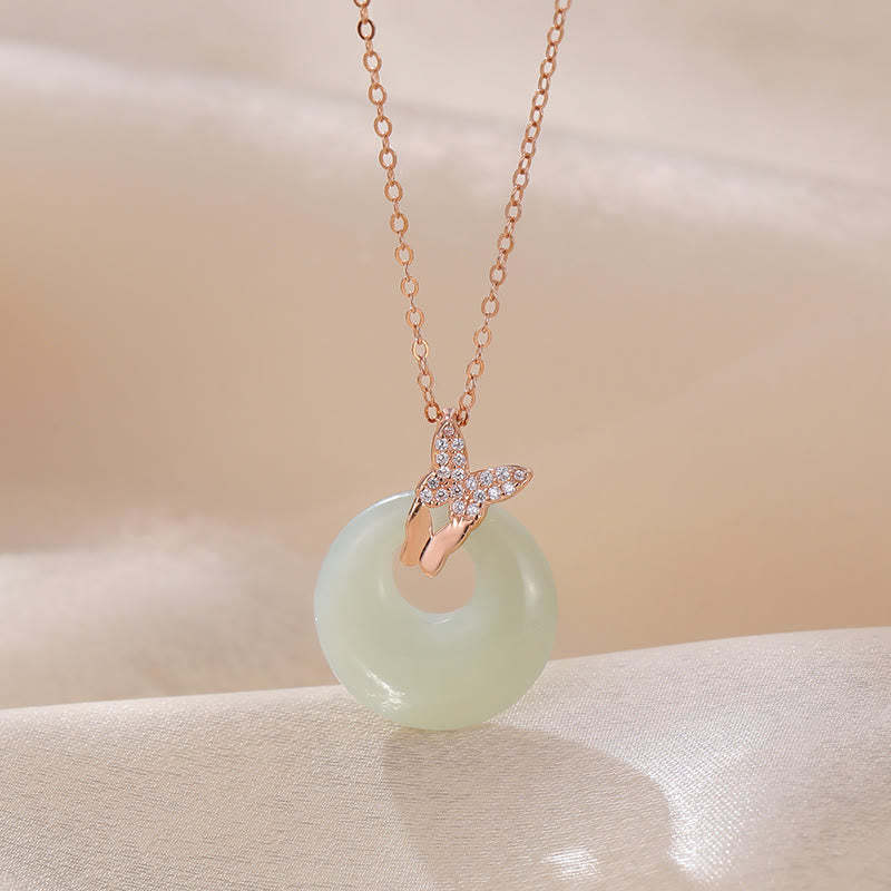 925 Sterling Silver Natural Hetian Jade Zircon Butterfly Luck Necklace Pendant