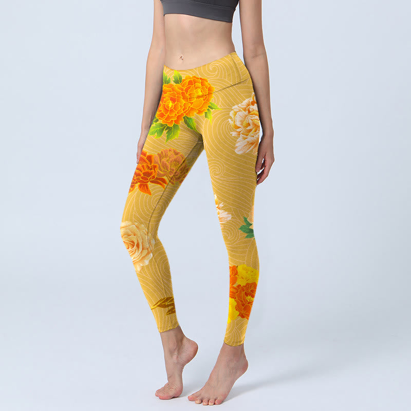 Vibrant Rose Flowers Print Gym Leggings Women's Yoga Pants
