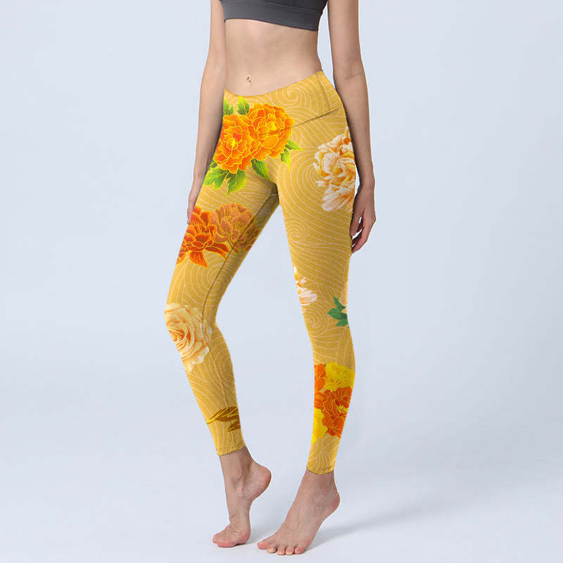 Vibrant Rose Flowers Print Gym Leggings Women's Yoga Pants