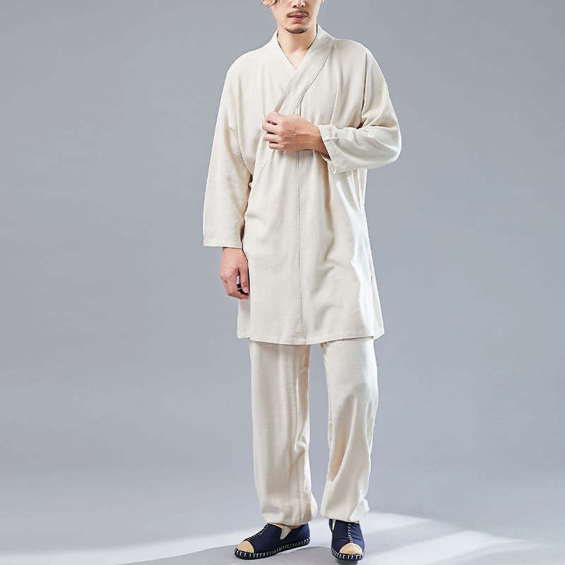 2Pcs V-Neck Men's Long Sleeve Shirt Top Pants Meditation Zen Tai Chi Cotton Linen Clothing Set