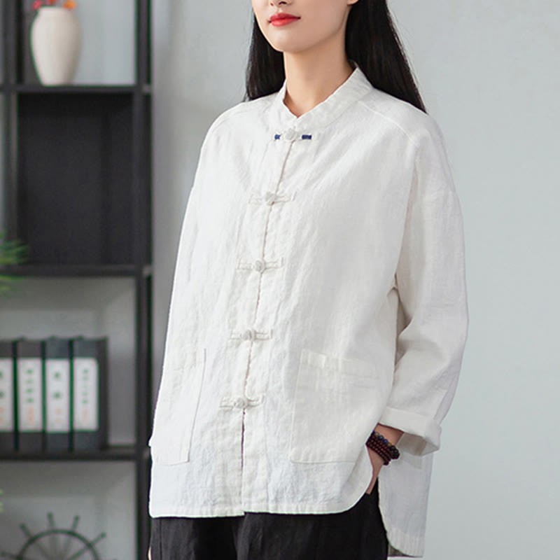 Solid Color Frog-button Long Sleeve Linen Women's Shirts With Pockets