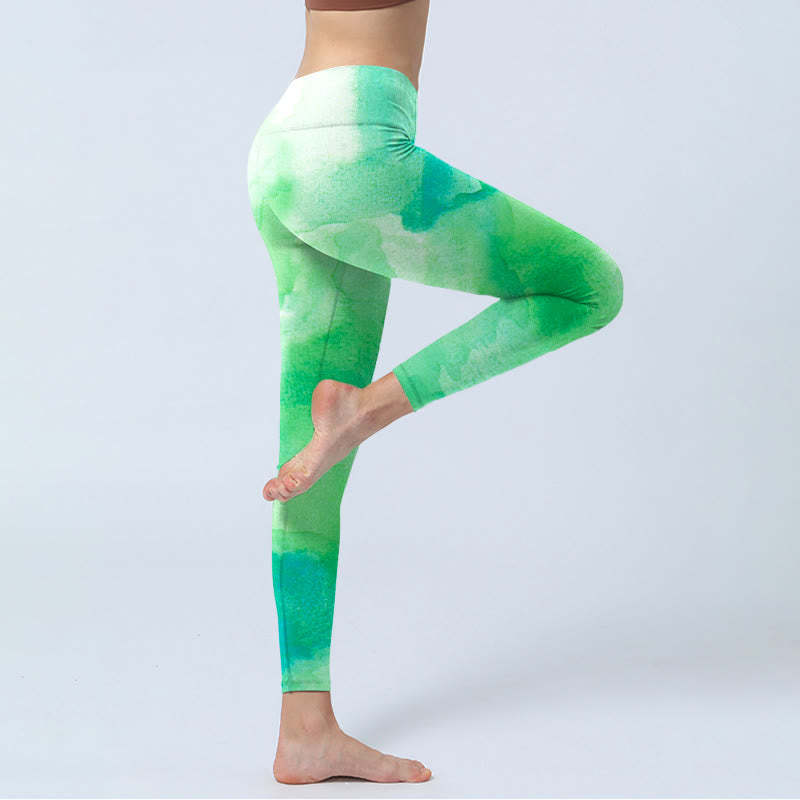 Green Ink Wash Pattern Gym Leggings Women's Yoga Pants