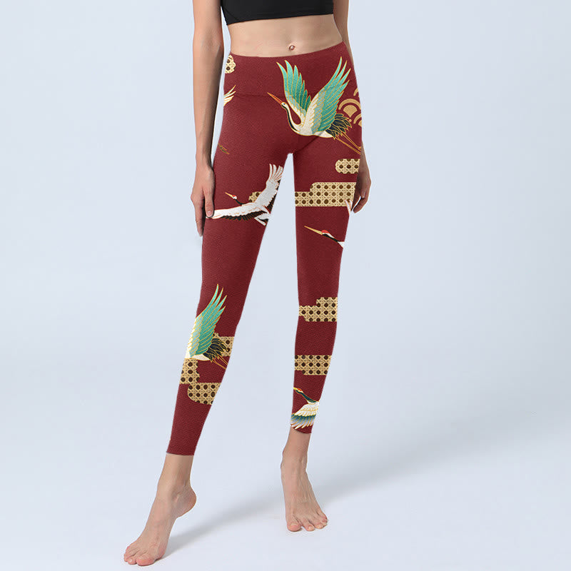 Red Crowned Crane Cloud Pattern Print Gym Leggings Women's Yoga Pants