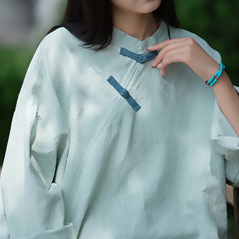 Ramie Linen Loose Blouse Women Long Sleeve Shirt Chinese Hanfu Top