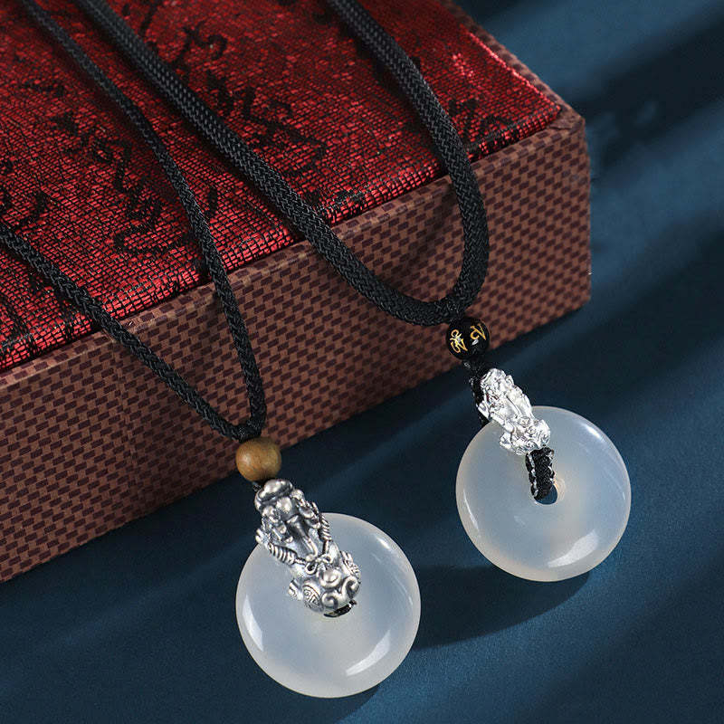 White Agate 999 Sterling Silver Black Onyx Green Sandalwood Pi Xiu Peace Buckle Six True Words Necklace Pendant