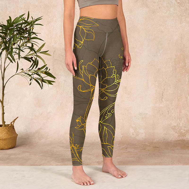 Yellowish Brown Lotus Flower Lotus Leaf Print Gym Leggings Women's Yoga Pants