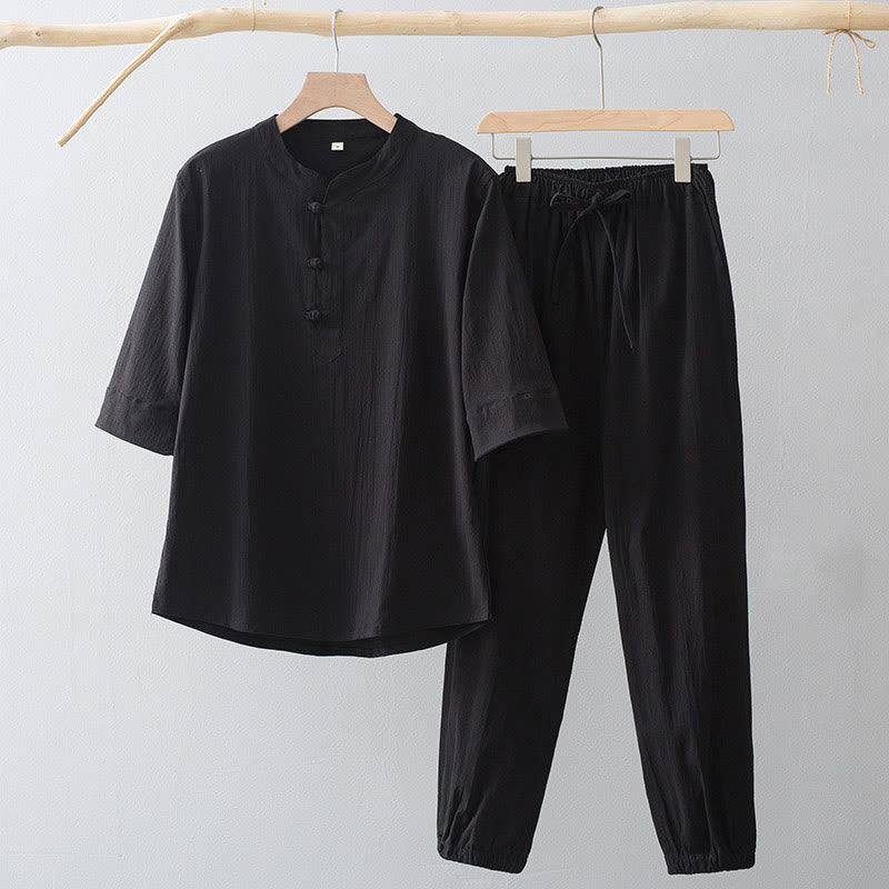 Frog-Button Three Quarter Sleeve Shirt Pants Men's Suit