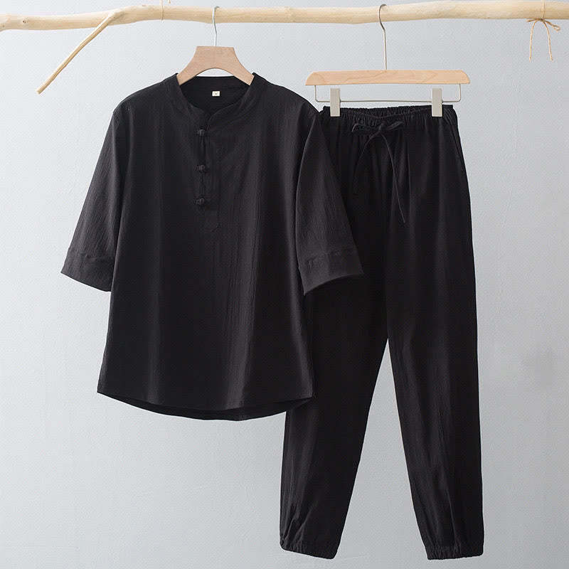 Frog-Button Three Quarter Sleeve Shirt Pants Men's Suit
