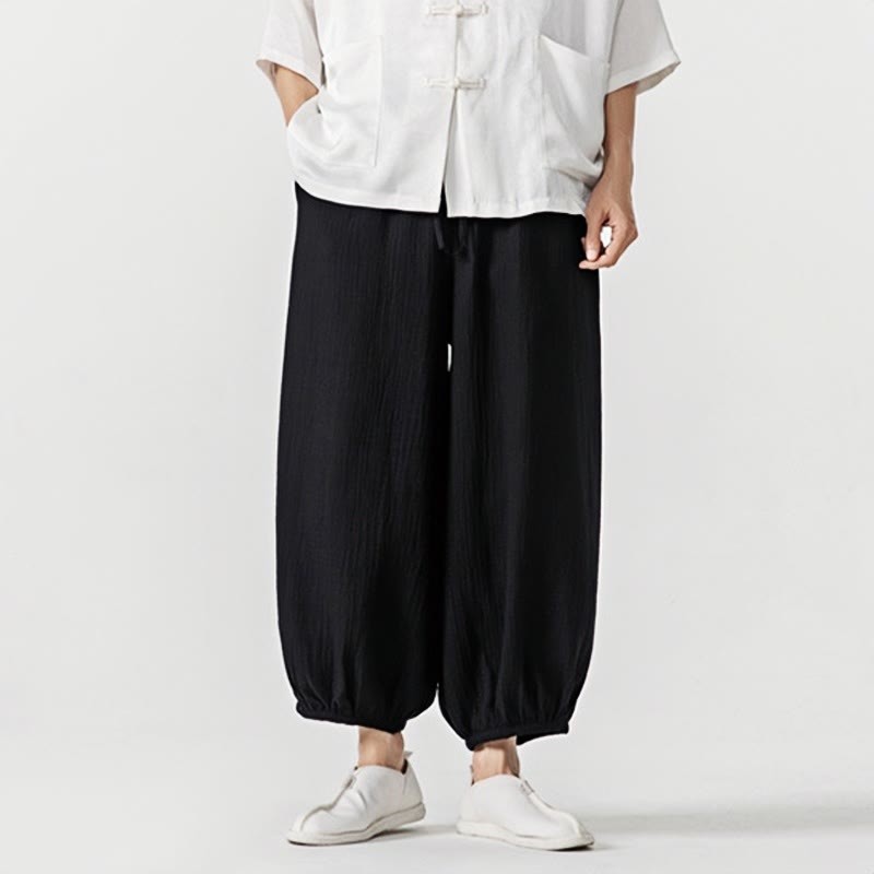 Soft Solid Color Drawstring Cotton Men's Pants With Pockets