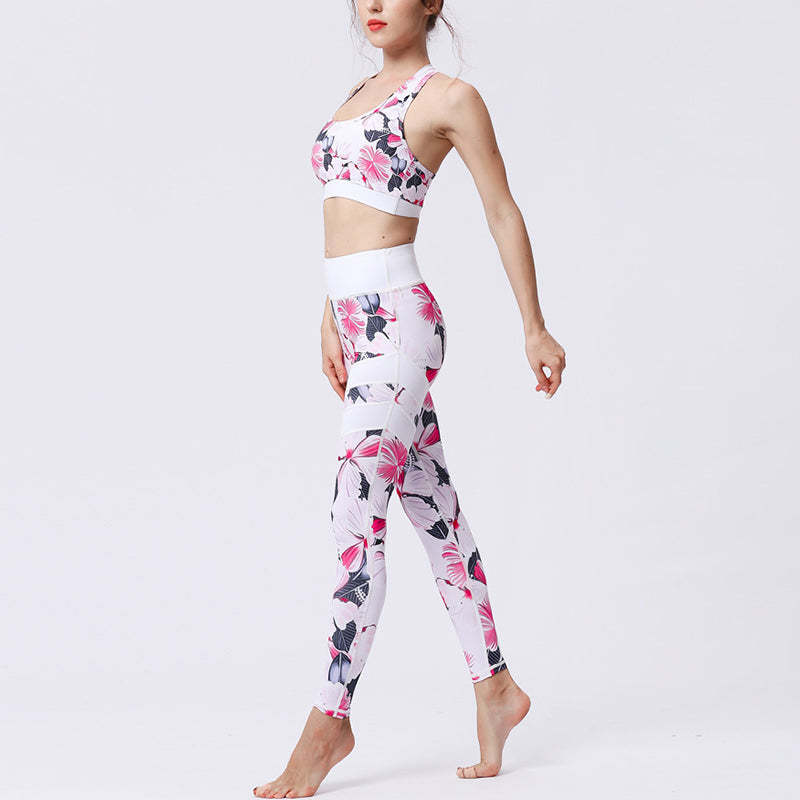 2Pcs Sunflower Flowers Leaves Print Top Pants Sports Fitness Yoga Women's Yoga Sets