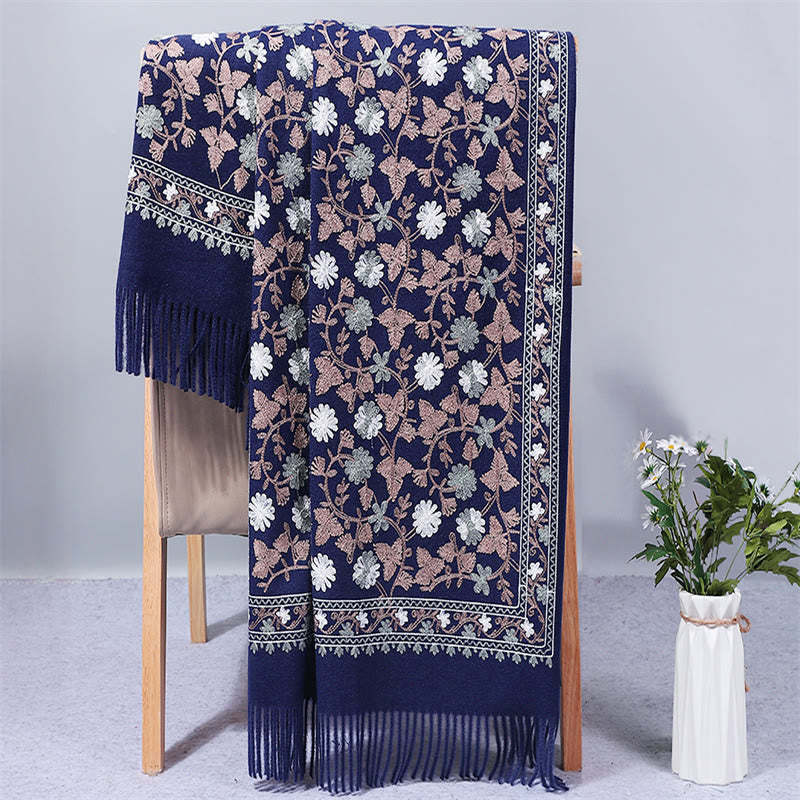 Polyester Shawl Cashew Flowers Embroidery Tassel Winter Cozy Travel Scarf Wrap