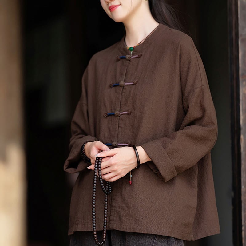 Solid Color Two-color Frog-button Long Sleeve Ramie Linen Women's Shirt