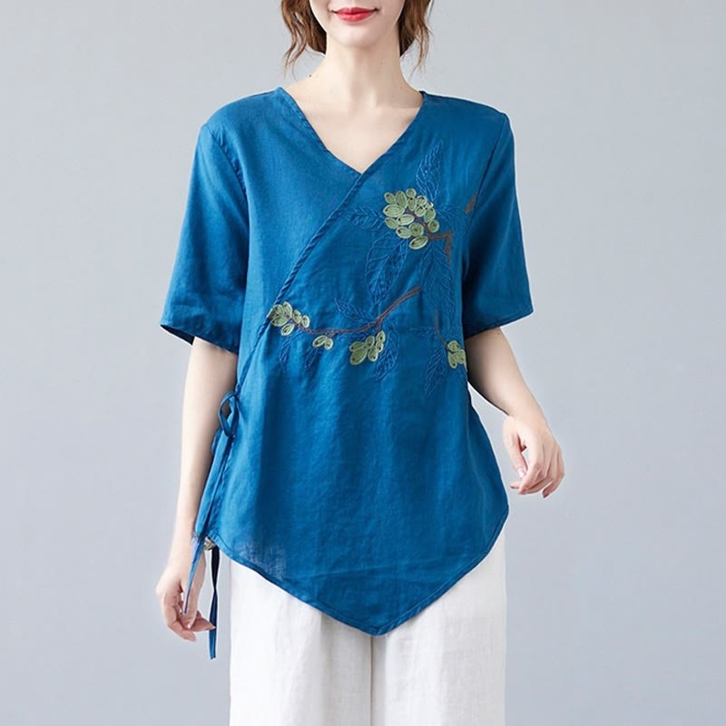 Summer Casual Ethnic Embroidery Flower Lace-up Short Sleeve V-neck Cotton Linen Women's T-Shirt