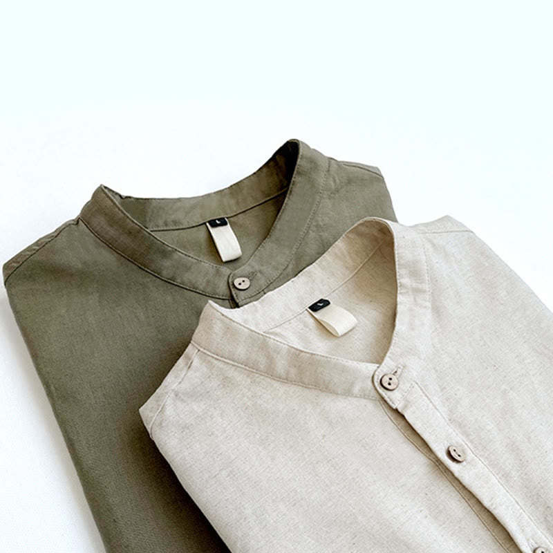 Solid Color Men Short Sleeve Button Linen Shirt