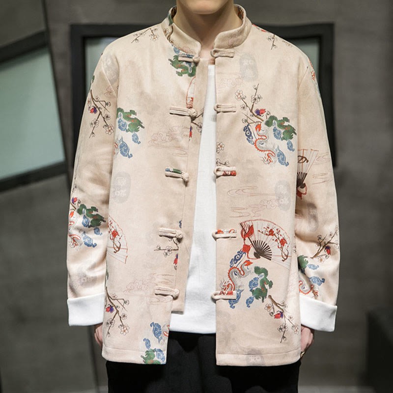 Chinese New Year Clothes Flowers Dragon Fan Auspicious Clouds Frog-button Tang Suit Cotton Men's Jacket Shirt