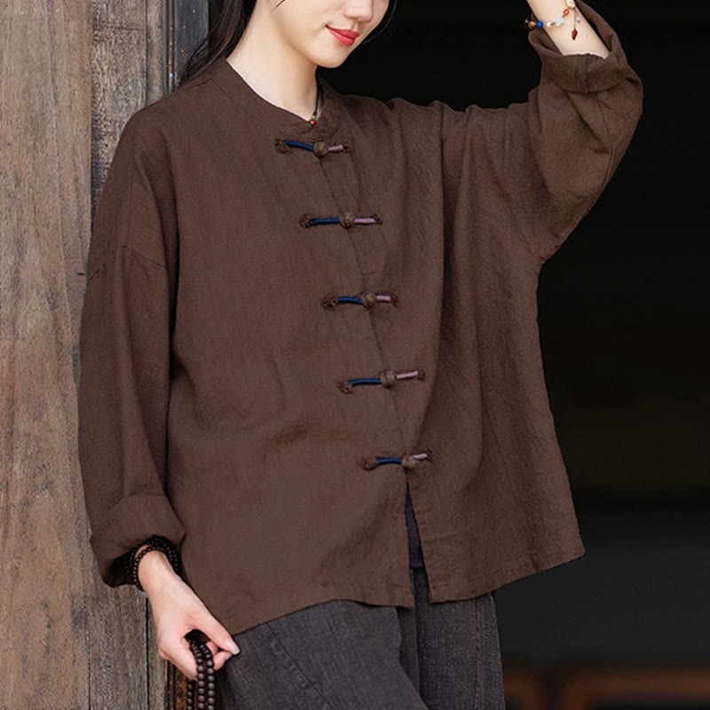 Solid Color Two-color Frog-button Long Sleeve Ramie Linen Women's Shirt