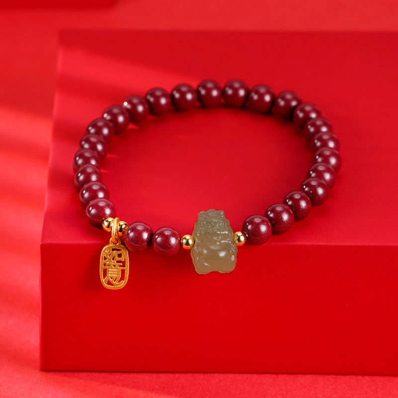 925 Sterling Silver Year of the Dragon Natural Cinnabar Hetian Jade Dragon Fu Character Ruyi As One Wishes Charm Blessing Bracelet (Extra 30% Off | USE CODE: FS30)