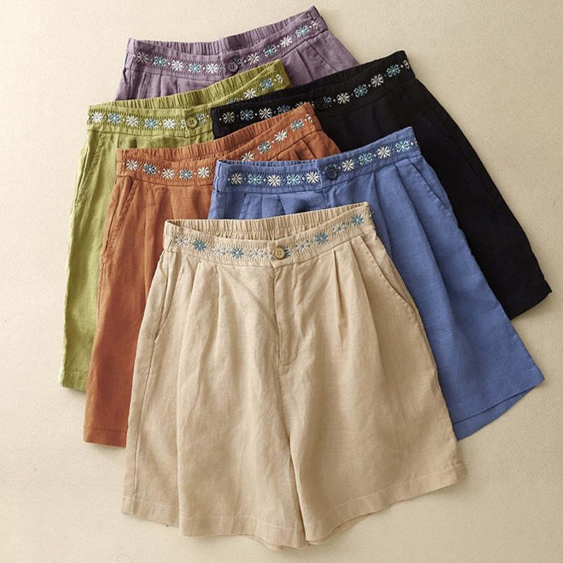 Summer Casual Embroidery Flower Pleated Zipper Button Cotton Linen Women's Shorts With Pockets