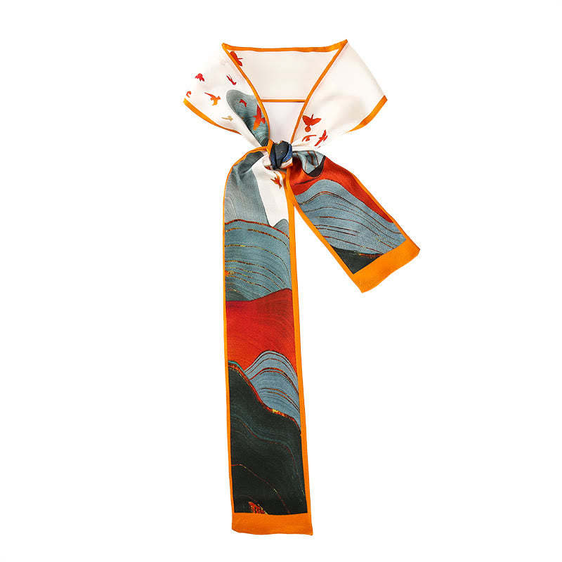 Dunhuang Frescoes Mountains Sunset Floral Pattern 100% Mulberry Twilly Silk Neck Hair Scarf