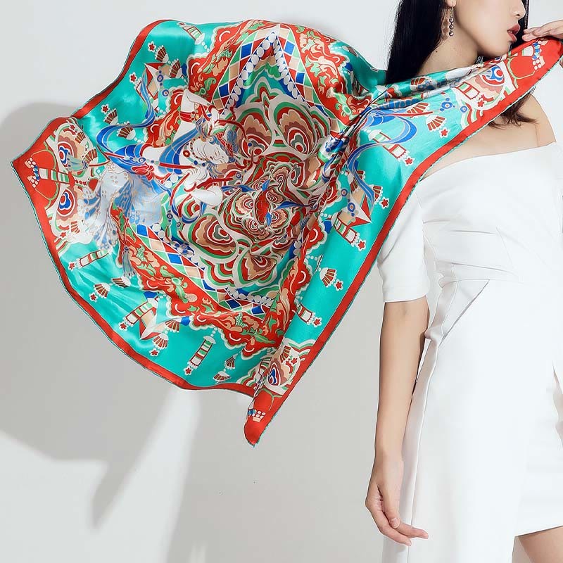 Dunhuang Musician Playing Frescoes 100% Mulberry Silk Scarf Premium Grade 6A Dunhuang Silk Shawl