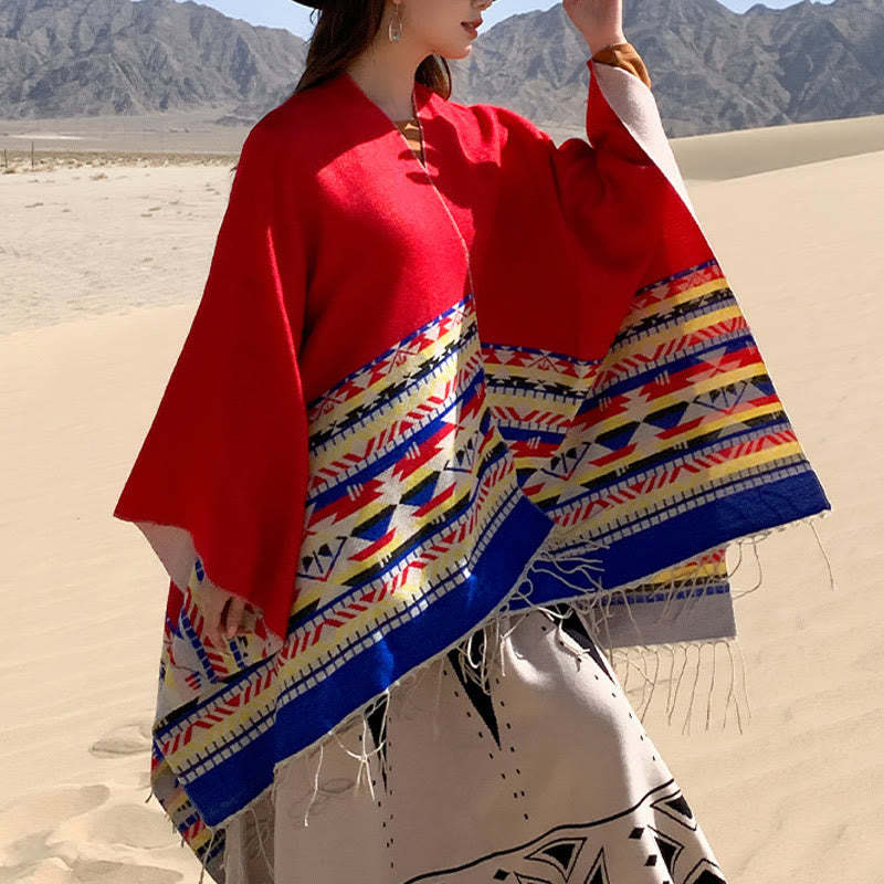 Tibetan Geometric Rhombus Pattern Tassels Shawl Fall Winter Warm Cozy Scarf Wrap