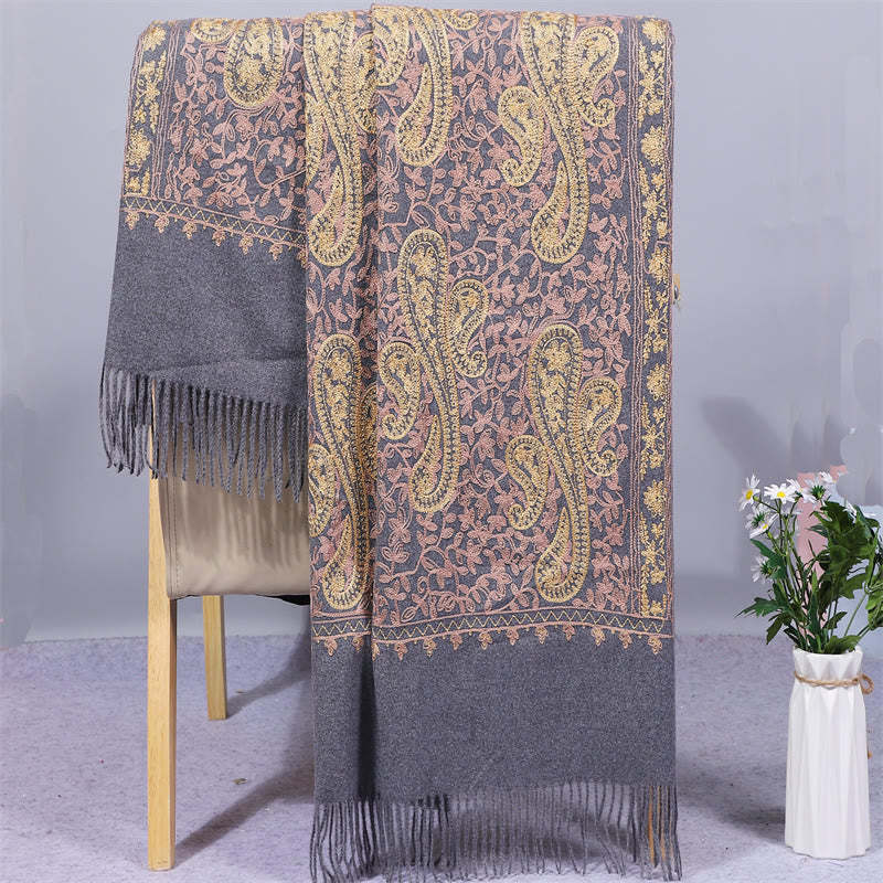 Rayon Fabric Shawl Golden Cashew Flowers Embroidery Tassel Winter Cozy Travel Scarf Wrap