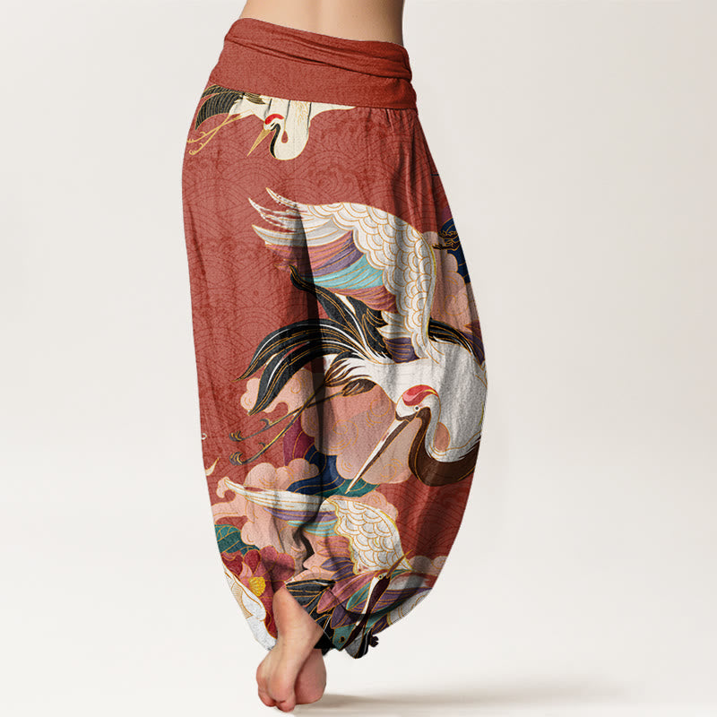 Red-crowned Crane Cloud Pattern Women's Elastic Waist Harem Pants