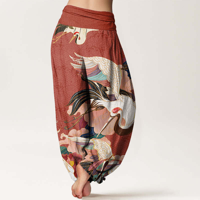 Red-crowned Crane Cloud Pattern Women's Elastic Waist Harem Pants