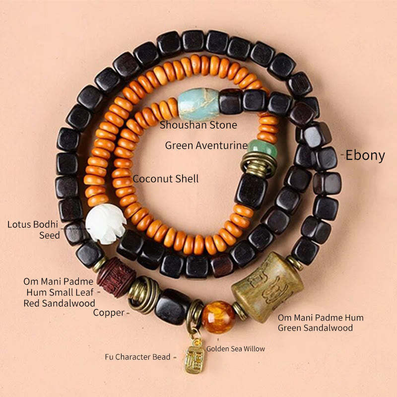 Green Sandalwood Ebony Om Mani Padme Hum Engraved Peace Triple Wrap Bracelet