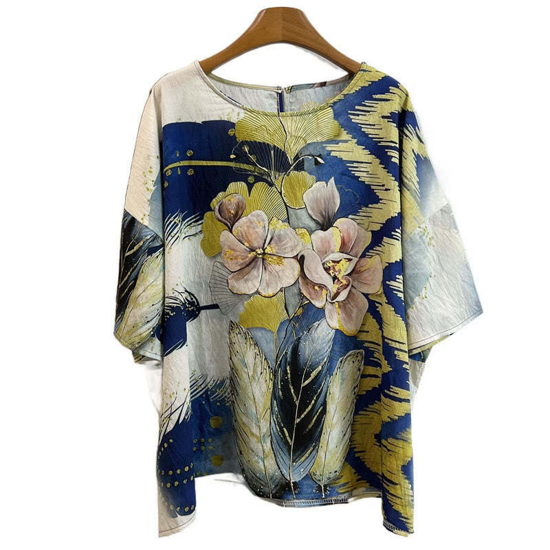 Casual Flower Leaves Feather Women's Crew Neck Design Half Sleeve Polyester T-shirt