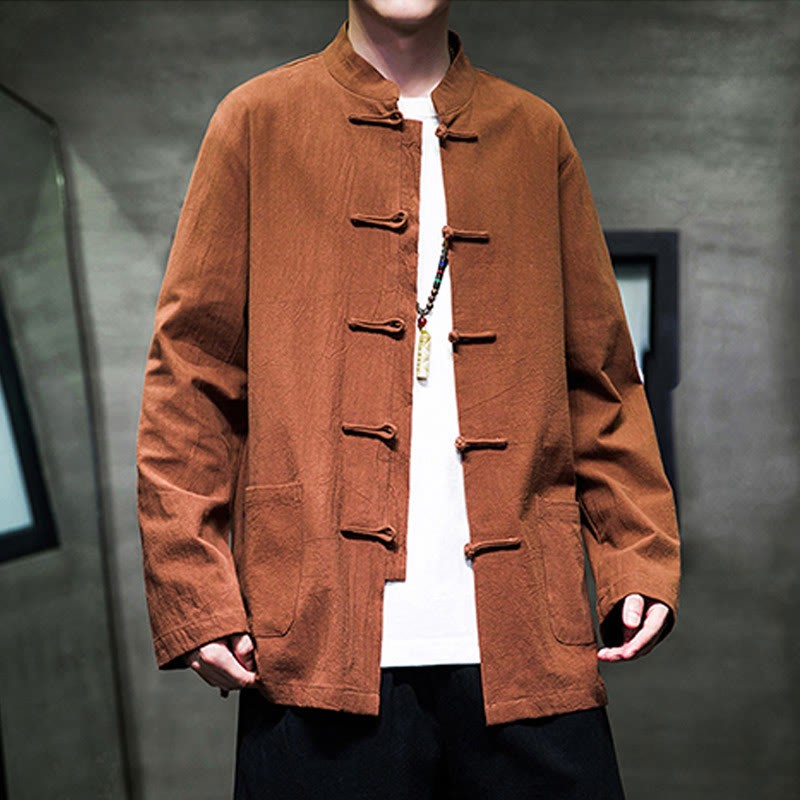 Solid Color Frog-button Tang Suit Cotton Linen Men's Jacket Shirt With Pockets
