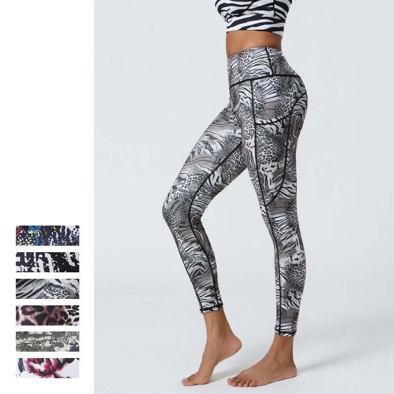 Rose Lines Tiger Leopard Print Sports Fitness High Waist Leggings Women's Yoga Pants With Pockets