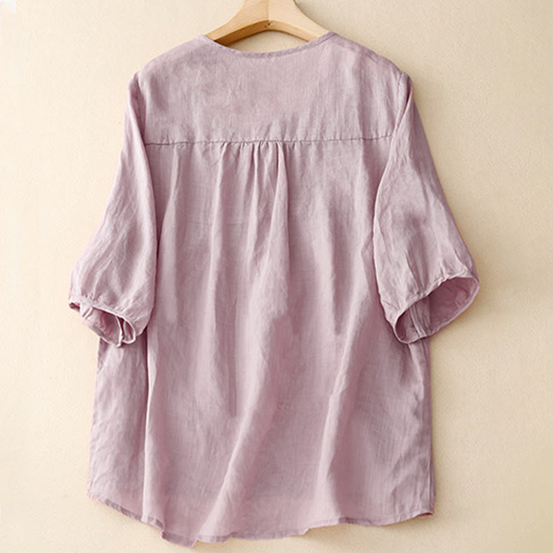 Casual Plain Loose Women's V-Neck Design Half Sleeve Cotton Linen Shirt
