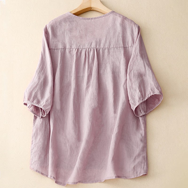 Casual Plain Loose Women's V-Neck Design Half Sleeve Cotton Linen Shirt