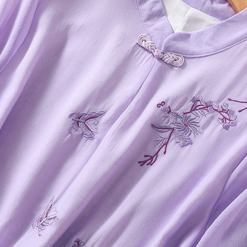 Embroidery Plants Flower Half Sleeve Plain Frog-Button Stand Collar Women's Shirt