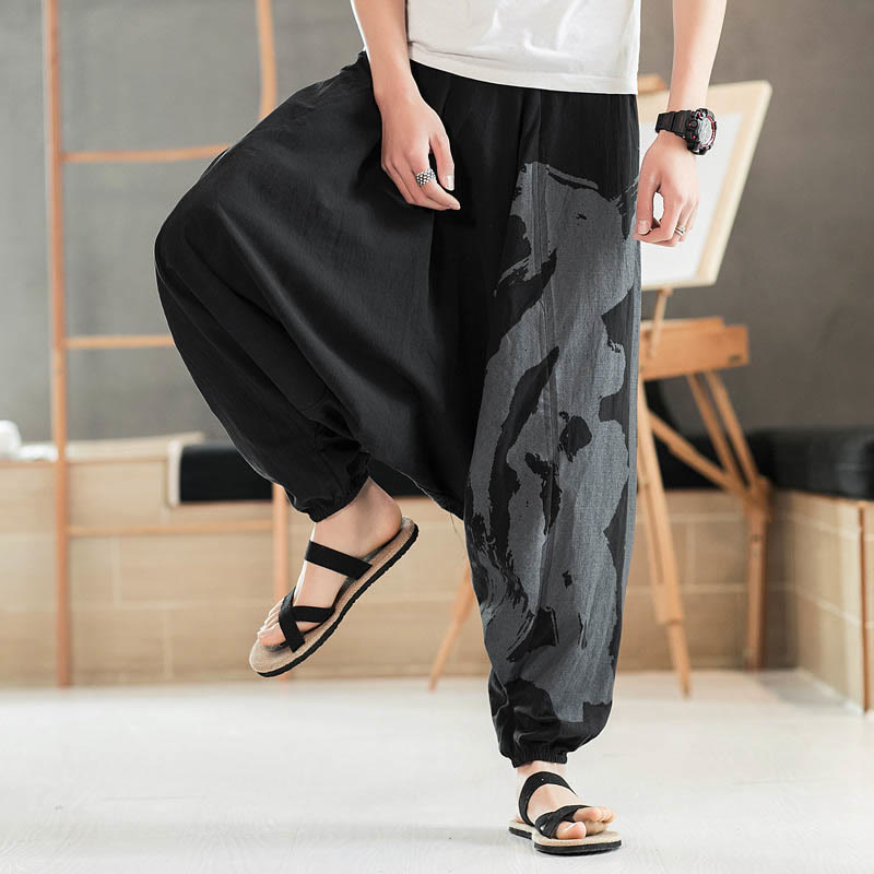 Simple Summer Calligraphy Cotton Men's Harem Pants With Pockets
